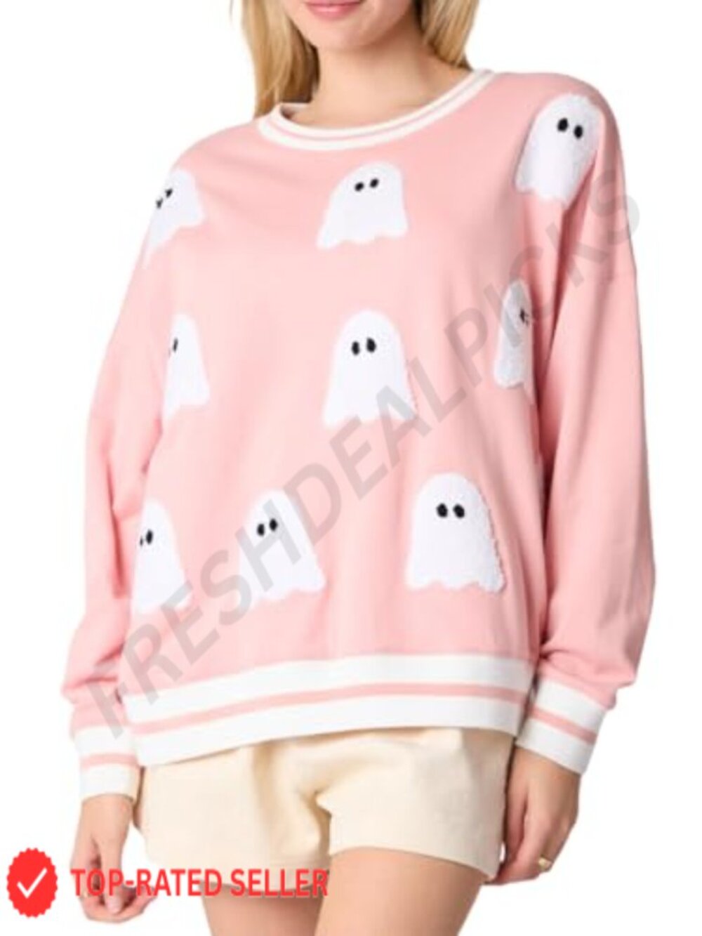 Sequin Ghost Print Oversized Sweatshirt Long Sleeve Crew Neck Pullover